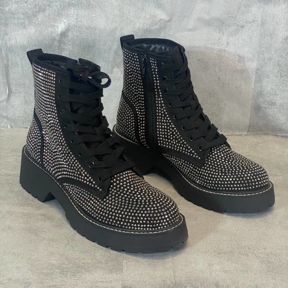 MADDEN GIRL Black Rhinestone Embellished Carra Lace-Up Combat Ankle Boots SZ 9